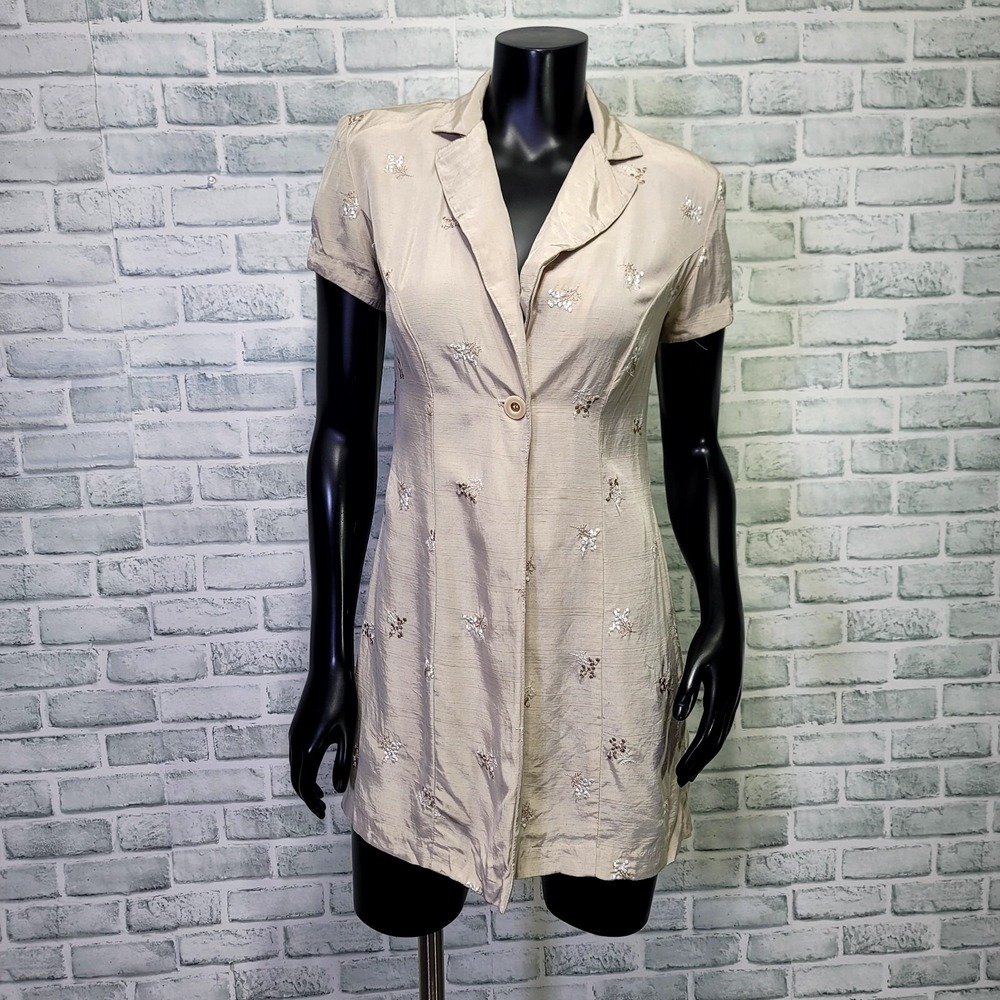 Vintage 90s Dawn Joy Beige 1‎ Button Popover S/S Floral Embroidered Cardigan